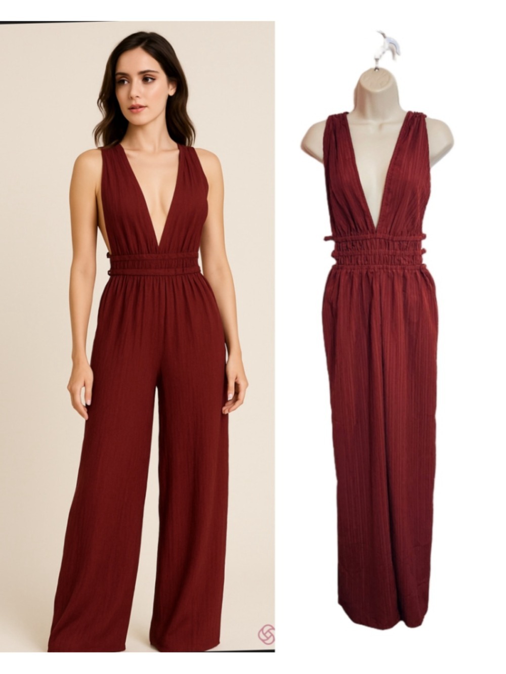 Hint Of Blush Burgundy Plunging V-Neck Sleeveless Cinch Jumpsuit Medium